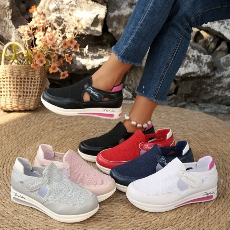 Velcro Hook Loop - 女性用プラットフォームスリッポンスニーカー、クローズドトゥ、ニットアッパー、ベルクロ留め、通気性、快適、厚底、カジュアル、ウォーキング、ワーク、フィットシューズ