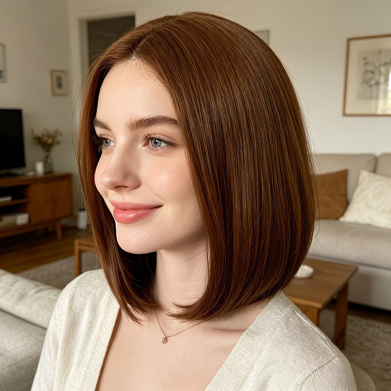 Wig Fiber Net - エアリーな前髪のショートボブウィッグ、ライトブラウン、リアルな質感、マットな耐熱ファイバー、通気性のあるインナーネット