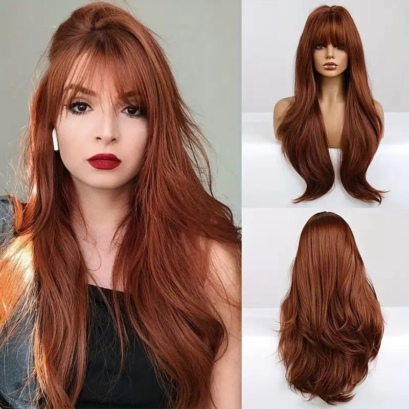 女性用前髪付きロングストレートヘアウィッグ、バーガンディ色、 - Wig Fiber Net のレビューと価格