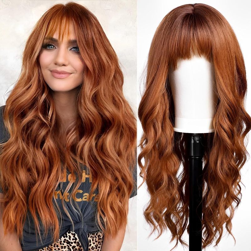 女性用前髪付きロングストレートヘアウィッグ、バーガンディ色、 - Wig Fiber Net のレビューと価格