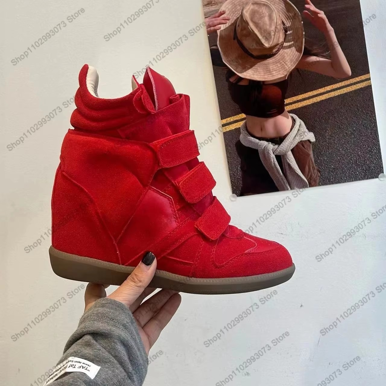 女性用隠しウェッジヒールハイカットスニーカー、スエードレザー - Velcro Hook Loop のレビューと価格